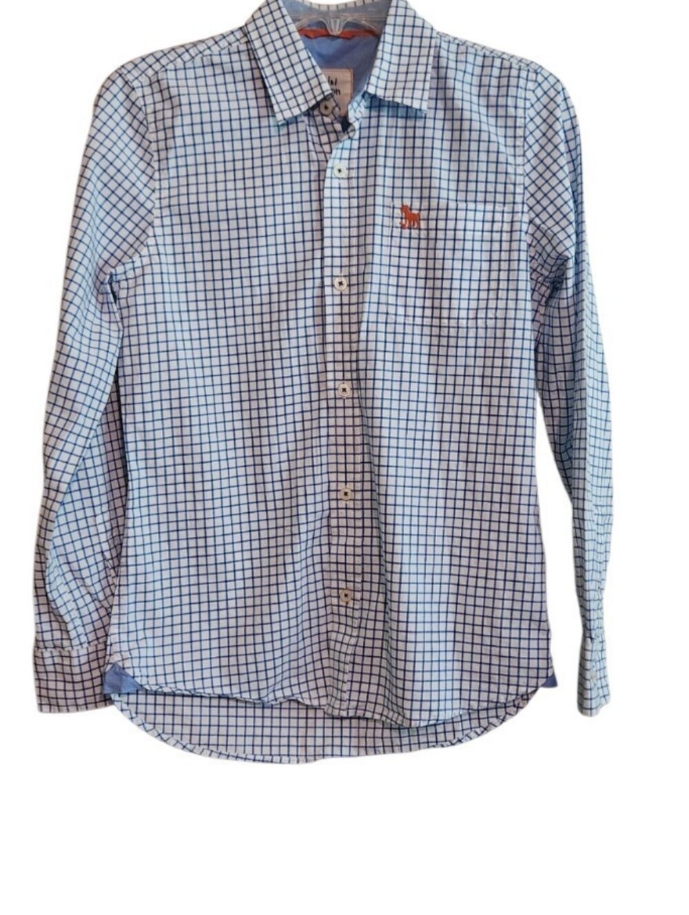 Mini Boden Light Blue and White Check Button-Down Shirt Terrier Dog Logo